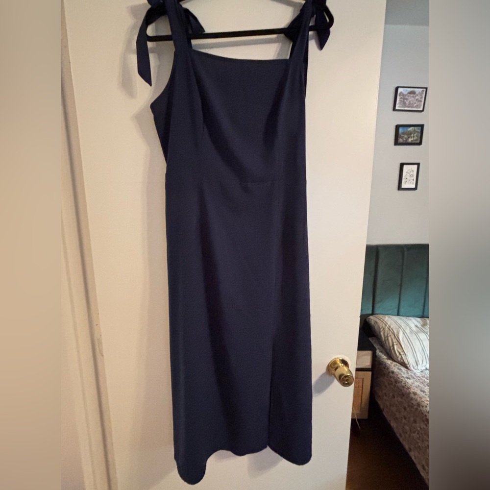 One-Shoulder Navy Blue Midi Dress with Tie Strap